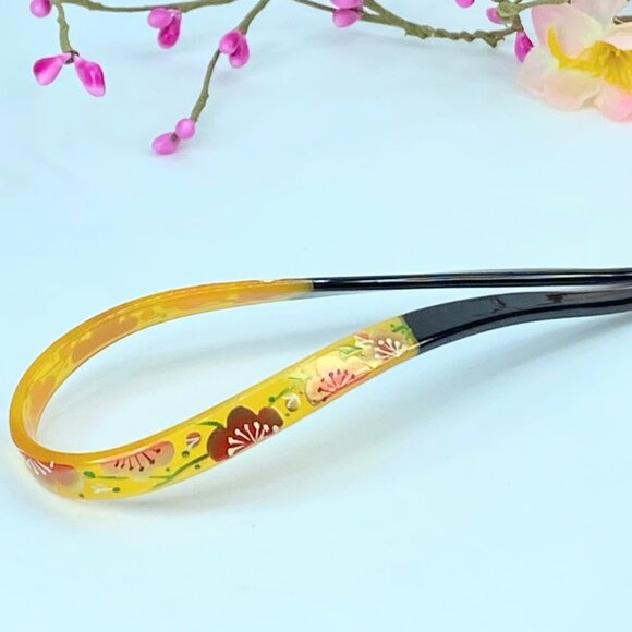 Kanzashi Hair Ornament With Red Plum Blossom Design With Green Accents GS522